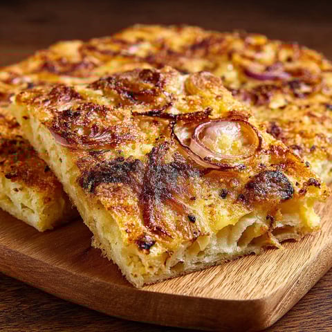 Une portion de Schiacciata alle cipolle, une pizza de pâte brûlée avec des oignons et des cipolles, est servie sur un plateau de bois.