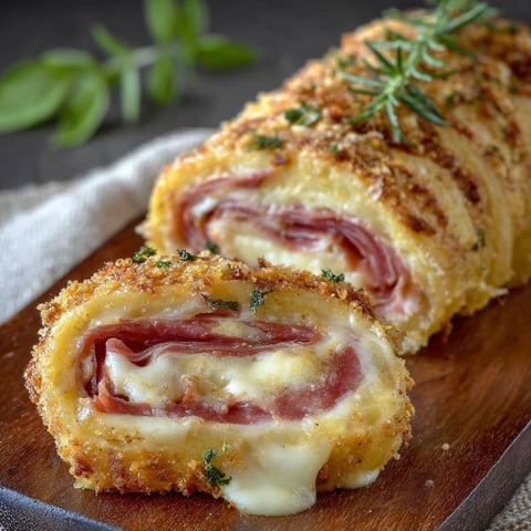 Un rotolo di patate farcito con prosciutto e formaggio.