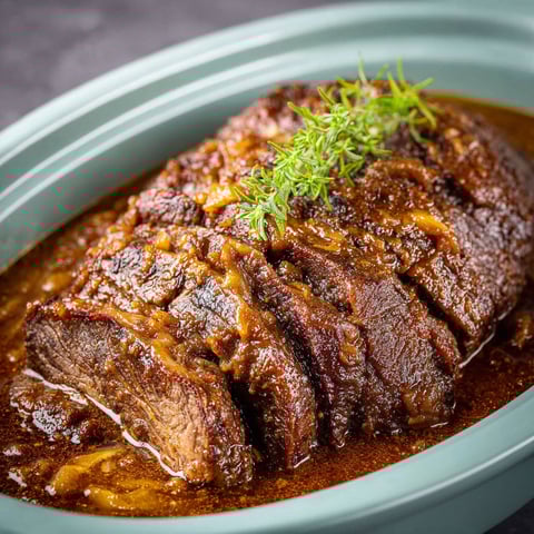 Un morceau de viande de boeuf dans une casserole, accompagné de herbes et de sauce.