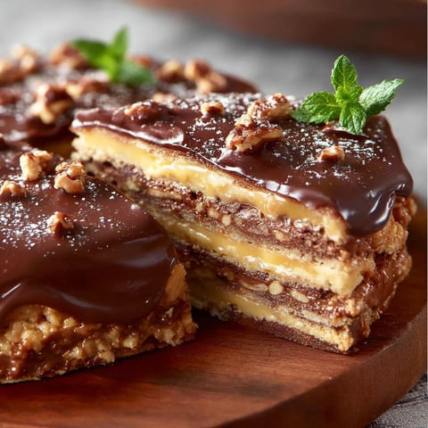 Une torta daim délicieuse, composée de crêpes et de chocolat, est servie sur un plateau en bois.