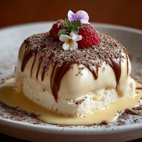 Un dessert garnie de fruits et de chocolat, appelé Semifreddo allo zabaione goloso.