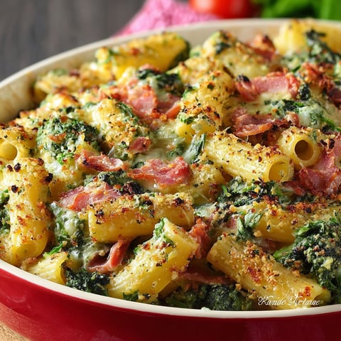 Un plat de spaghetti al forno avec des épinards et du prosciutto cotto.