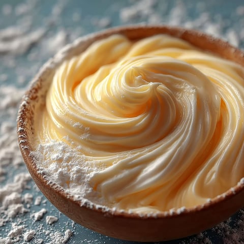 Une tarte de crème pâtissière, faite avec des ingrédients tels que du beurre, du sucre et des œufs, est présentée dans un bol en bois.