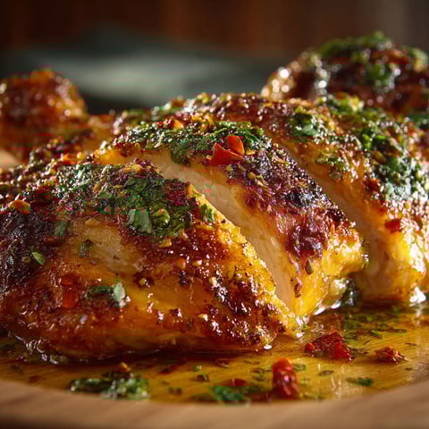 Une poitrine de poulet grillée avec des herbes et des épices, accompagnée d'une sauce à la umbra.