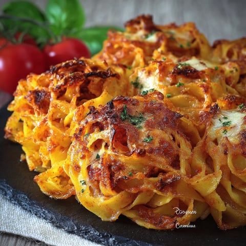 Une recette de Nidi di tagliatelle al forno est servie sur un plateau.