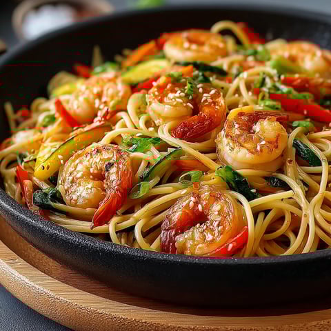 Spaghetti alla piastra avec des crevettes et des légumes.