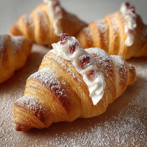 Des cornets de croissant garnis de yogourt et de cerises.