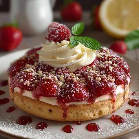 Une tarte aux fraises garnie de crème fouettée et de crumbles de beurre de cacahuète.
