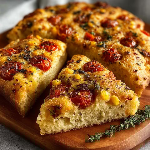 Une focaccia maison avec des tomates et des épinards.