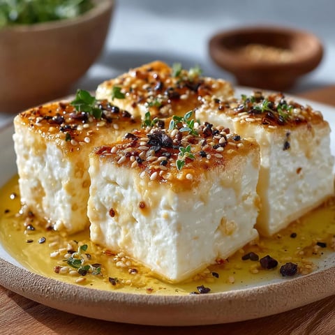 Une recette de Feta croccante au semi, avec des herbes et des graines de sesame, est servie sur un plateau.