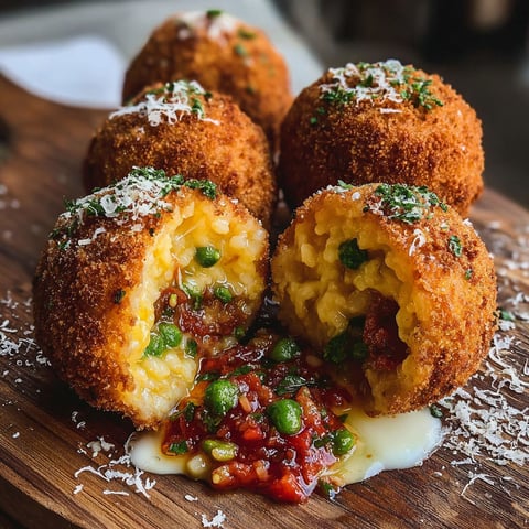 Une recette de Arancini siciliani fatti casa est mise en valeur dans cette image, avec des gnocchis de pâte et des sauces qui les accompagnent.