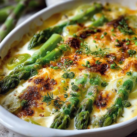 Gratin asparagi e porri, un plat de fromage et de légumes grillés, avec des asperges et des poireaux.