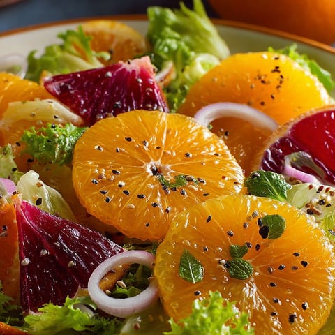 Une salade de fruits avec des oranges, des radis et des épinards, accompagnée d'une vinaigrette.