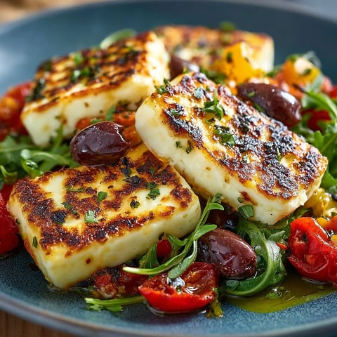 Une pièce de Halloumi piastrato misticanza olive est servie sur une assiette avec des tomates et des olives.