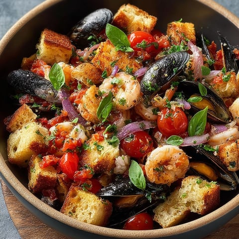 Une recette de Panzanella Mare Saporita Cozze est servie dans un bol.