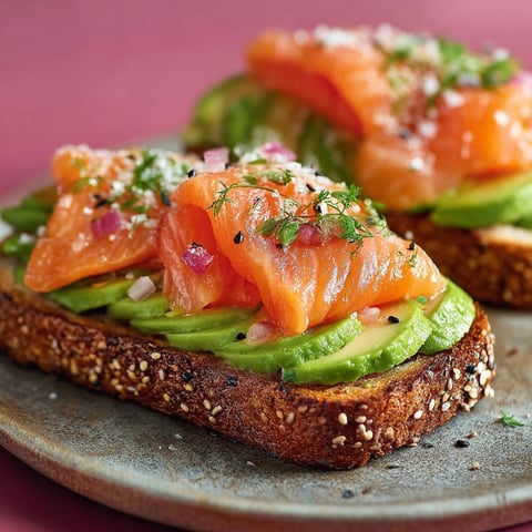 Un toast avec des avocats et du saumon.