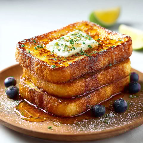 Un toast dorato miele sur un plateau, avec des fruits et des herbes sur les côtés.