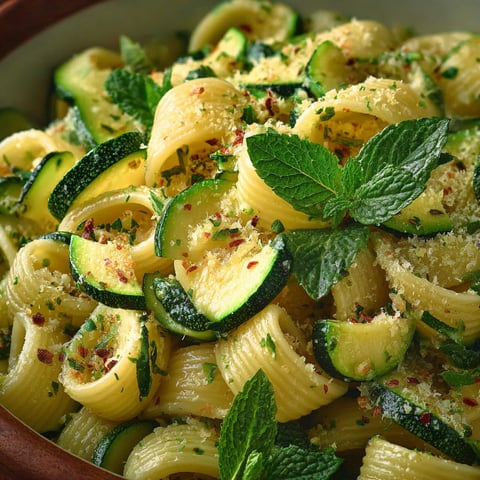 Une recette de Pasta zucchine menta fresca est servie dans un bol.