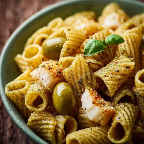Une recette de Pasta Baccalà Fresca avec des olives et des herbes.