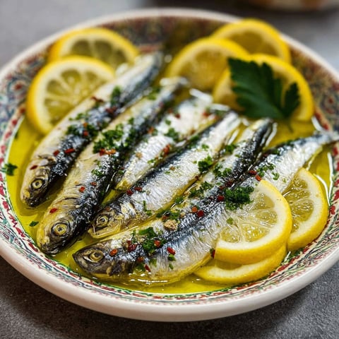 Une assiette de poissons grillés avec des citrons frais.