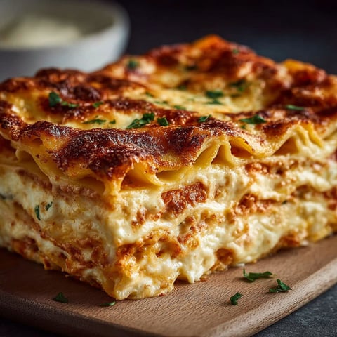 Une lasagne de poisson chaude et croustillante, servie sur un plateau en bois.