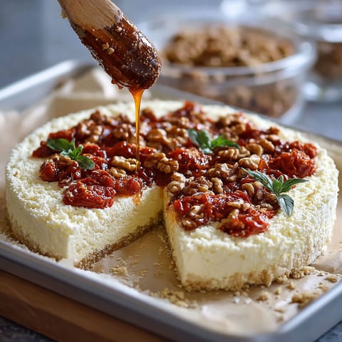 Une tarte de ricotta aux noix et aux tomates, saupoudrée de sucre caramélisé, est servie sur un plateau.