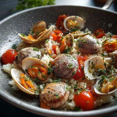 Un plat de vongole riso pomodorini fresco.
