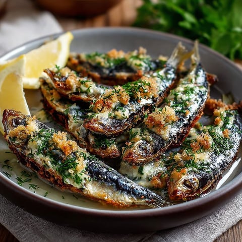 Une assiette de sardines sautees avec des herbes et des citrons.