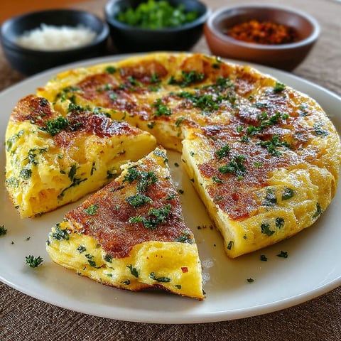 Une pizza frittata avec des herbes et des épices.