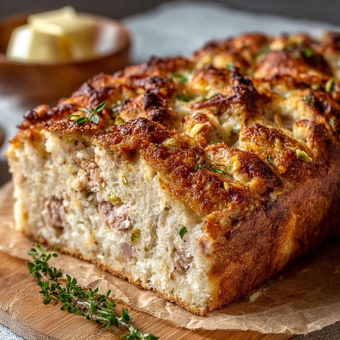 Une baguette de pain au levain avec des herbes fraîches sur un plateau.
