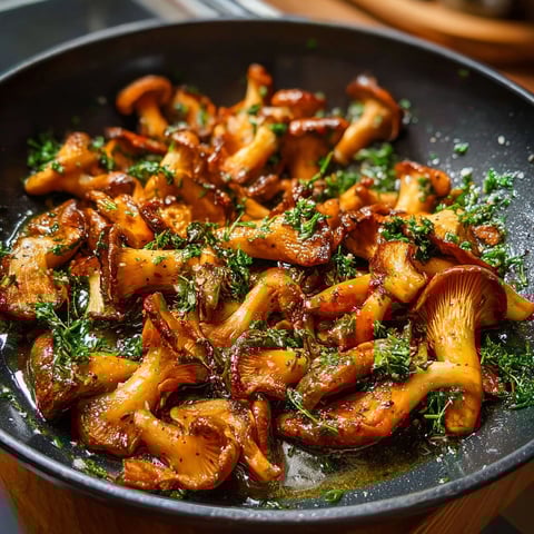 Une assiette de champignons sautees dans une sauce, accompagnee d'une herbe verte.