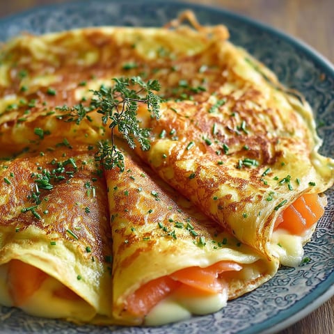 Une portion de crêpes salmonnées, garnies de herbes fraîches, sur un plateau.