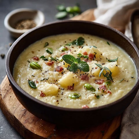 Une casserole de patates et de fèves, garnie de moutarde et de herbes, est servie dans un bol en bois.