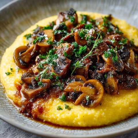 Une plate de polenta morbida avec des champignons et des herbes.