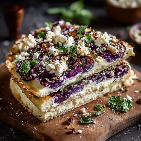 Une torta viola avec des feta et des herbes.