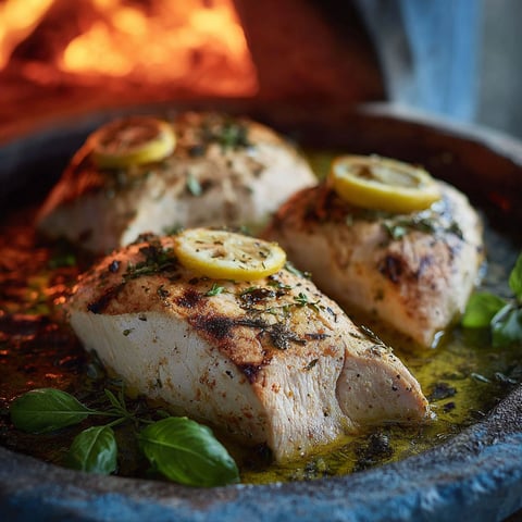 Chicken with lemon and herbs, cooked in a stone oven.