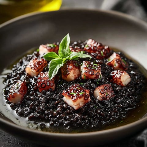 Un plat de Riso nero di mare avec des herbes fraîches.