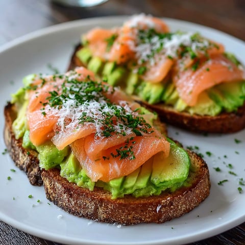 Une salade de fruits de mer sur un toast grillé avec des avocats et des œufs.