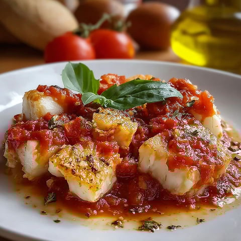 Merluzzo in stile toscano, une recette italienne de poisson en sauce tomate.
