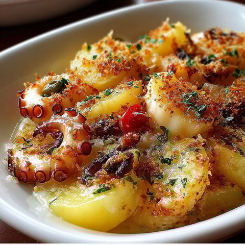 Une assiette de Seppie su base di patate, avec des herbes et des légumes, est servie sur une table.