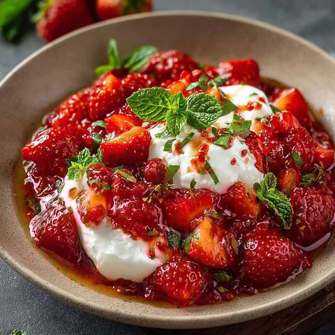 Une recette de Fragole burrata chutney basilico est servie dans un bol.