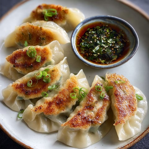 Gyoza croccanti fatti casa, une recette de pâtes frites avec des herbes et une sauce.
