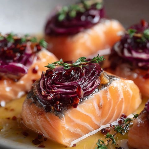 Salmone radicchio agrodolce - des morceaux de saumon avec des légumes et des épices, servis sur une assiette.