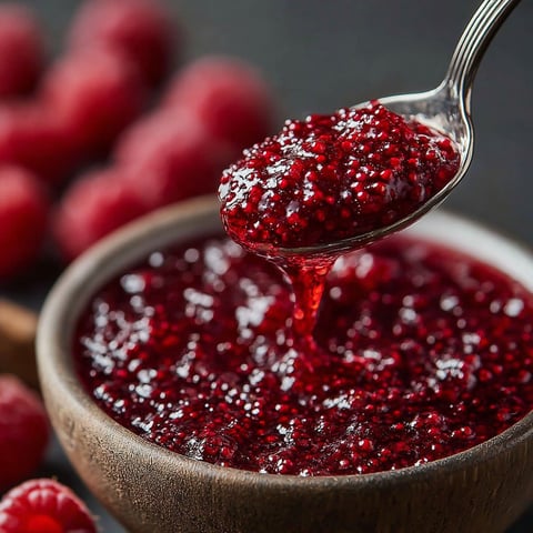 Une cuillère en argent est utilisée pour verser du sirop de framboise dans un bol.