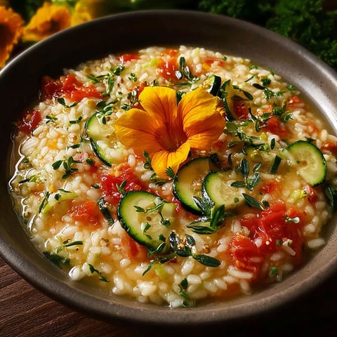 Risotto zucchine pomodoro fiori est un plat de risotto avec des zucchini, des tomates et des fleurs de courgette.