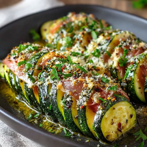 Une zucchine facili con prosciutto est servie dans un plat.