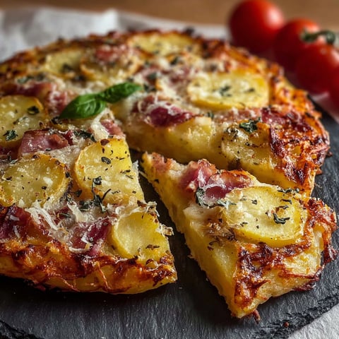 Une pizza maison avec des pommes de terre, des oignons et des tomates.