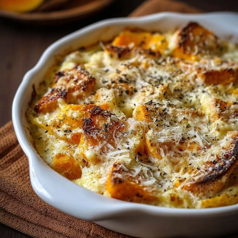 Un plat de gratin cremoso pane zucca, avec des tranches de pâte et des morceaux de pommes de terre.