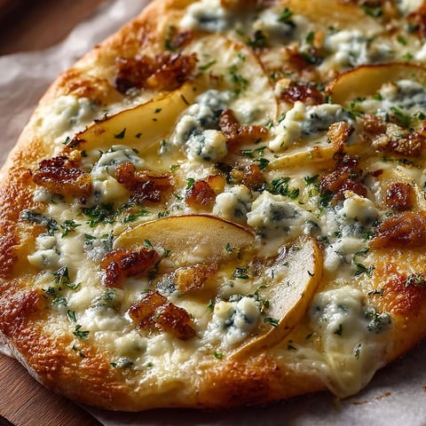 Une pizza gorgonzola pere rucola est servie sur une table.