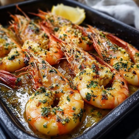 Unsure of the recipe name, but the image shows a dish of shrimp with a lemon and rosemary sauce.